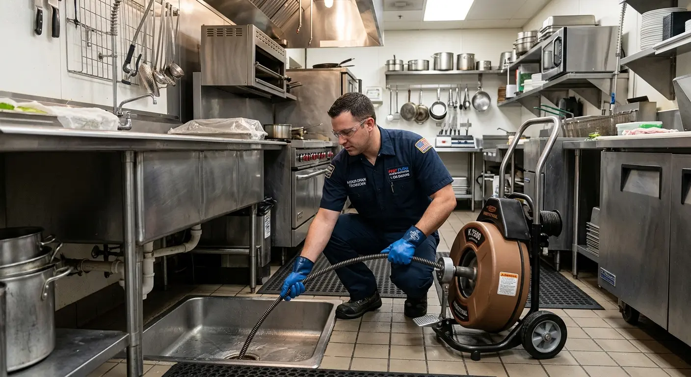 Commercial drain cleaning service in a restaurant kitchen in West Hollywood