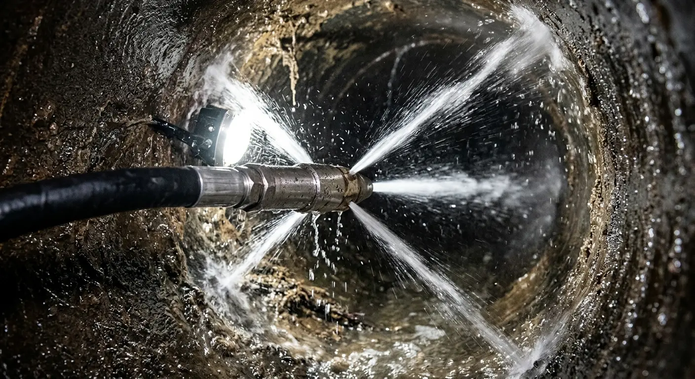 High-pressure hydro jetting nozzle cleaning sewer pipe for Trenchless Sewer Repair in West Hollywood