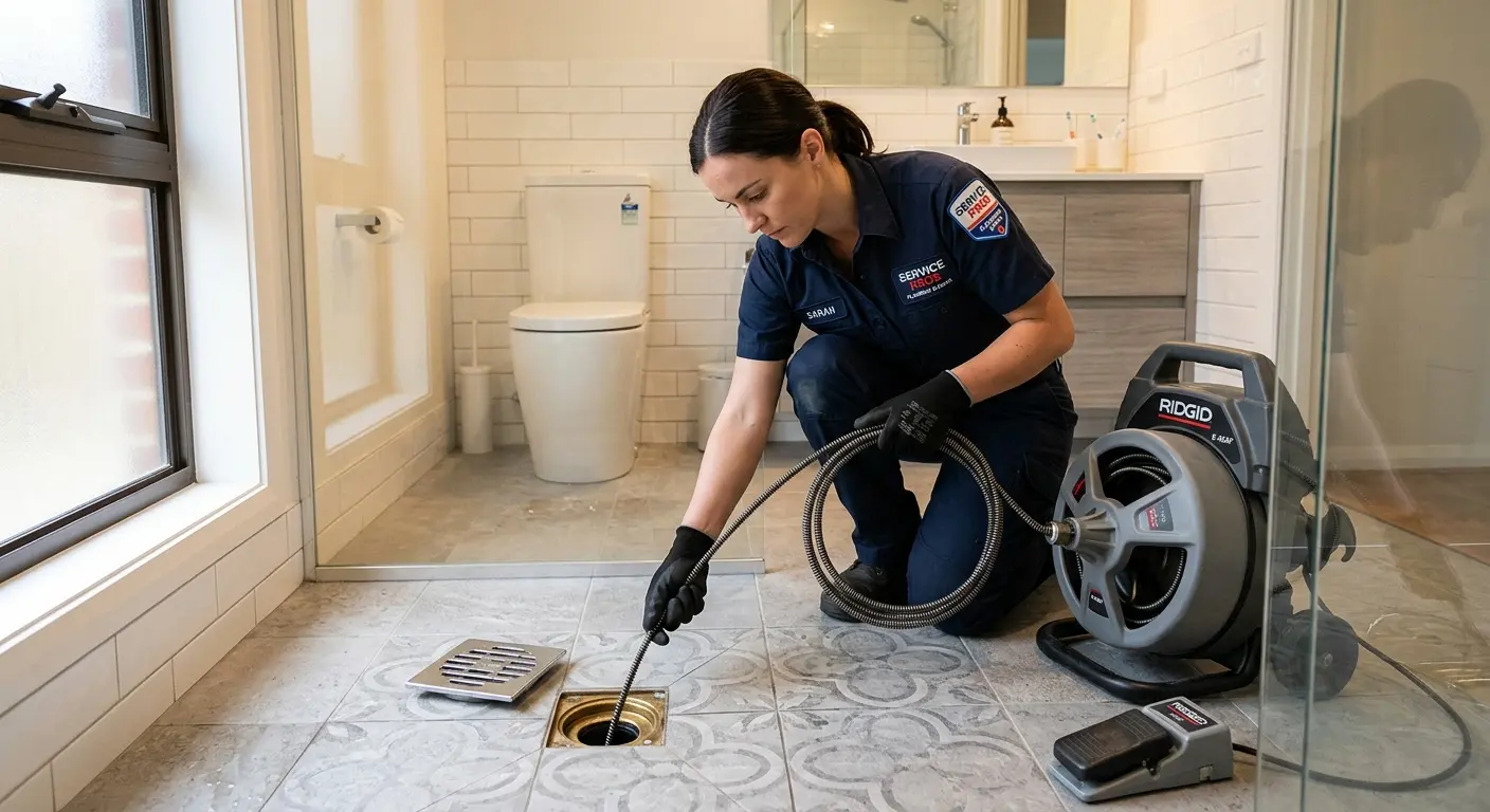 Technician clearing a bathroom floor drain for Sewer Line Replacement in West Hollywood